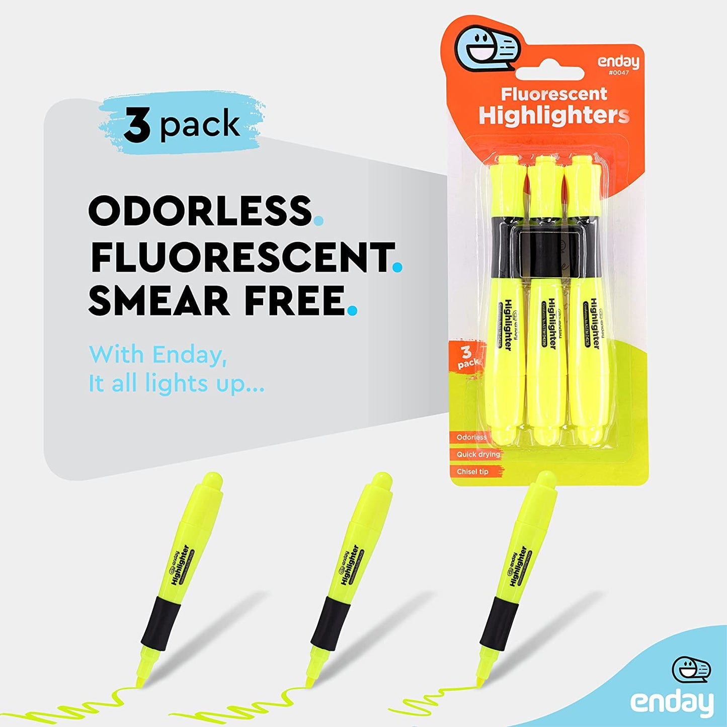 Yellow Desk Style Fluorescent Highlighters with Cushion Grip (3/Pack)