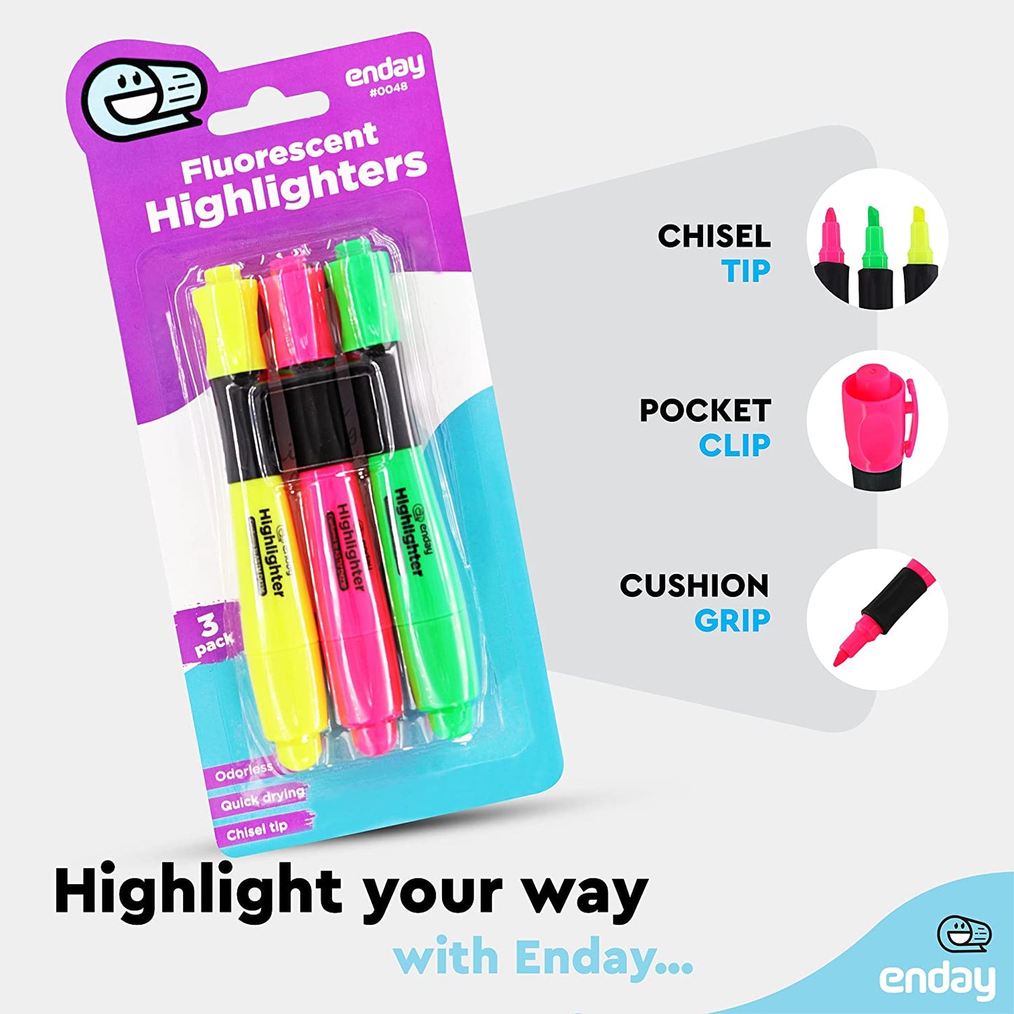 Desk Style Fluorescent Highlighter w/ Cushion Grip (3/Pack)