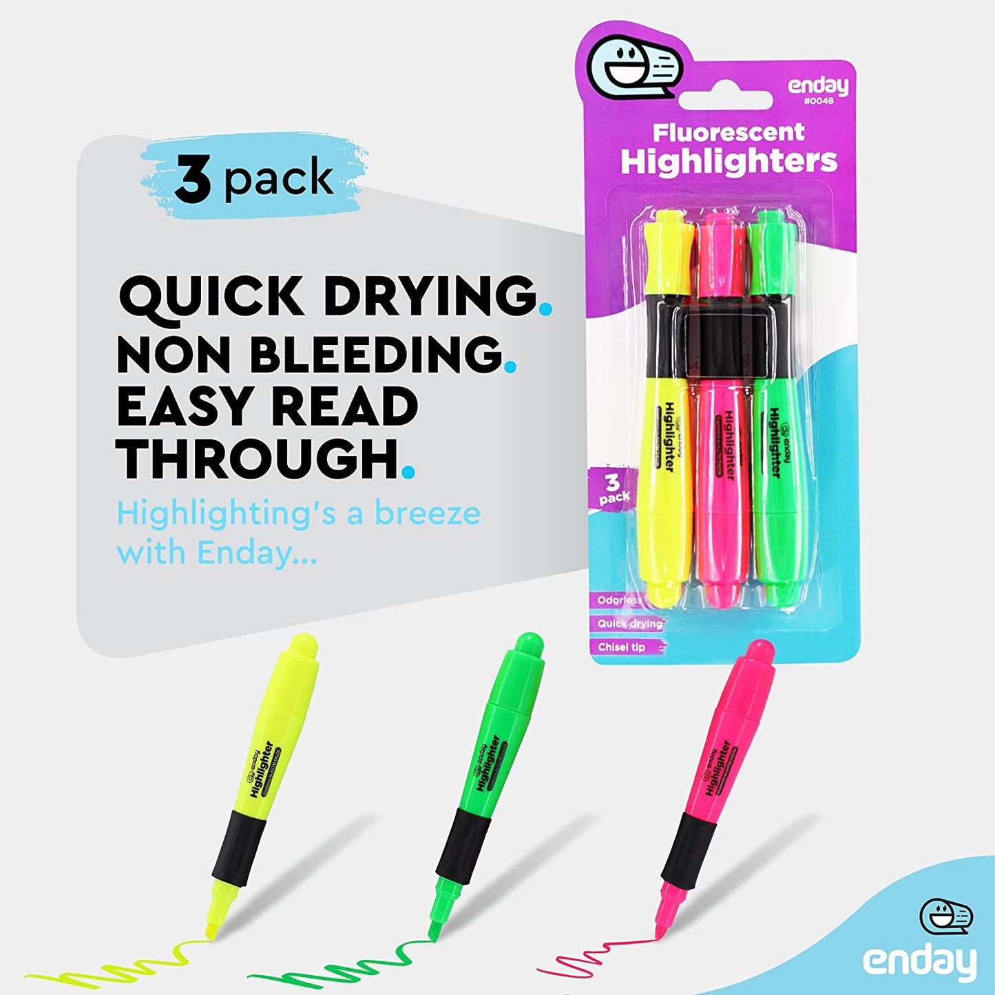 Desk Style Fluorescent Highlighter w/ Cushion Grip (3/Pack)